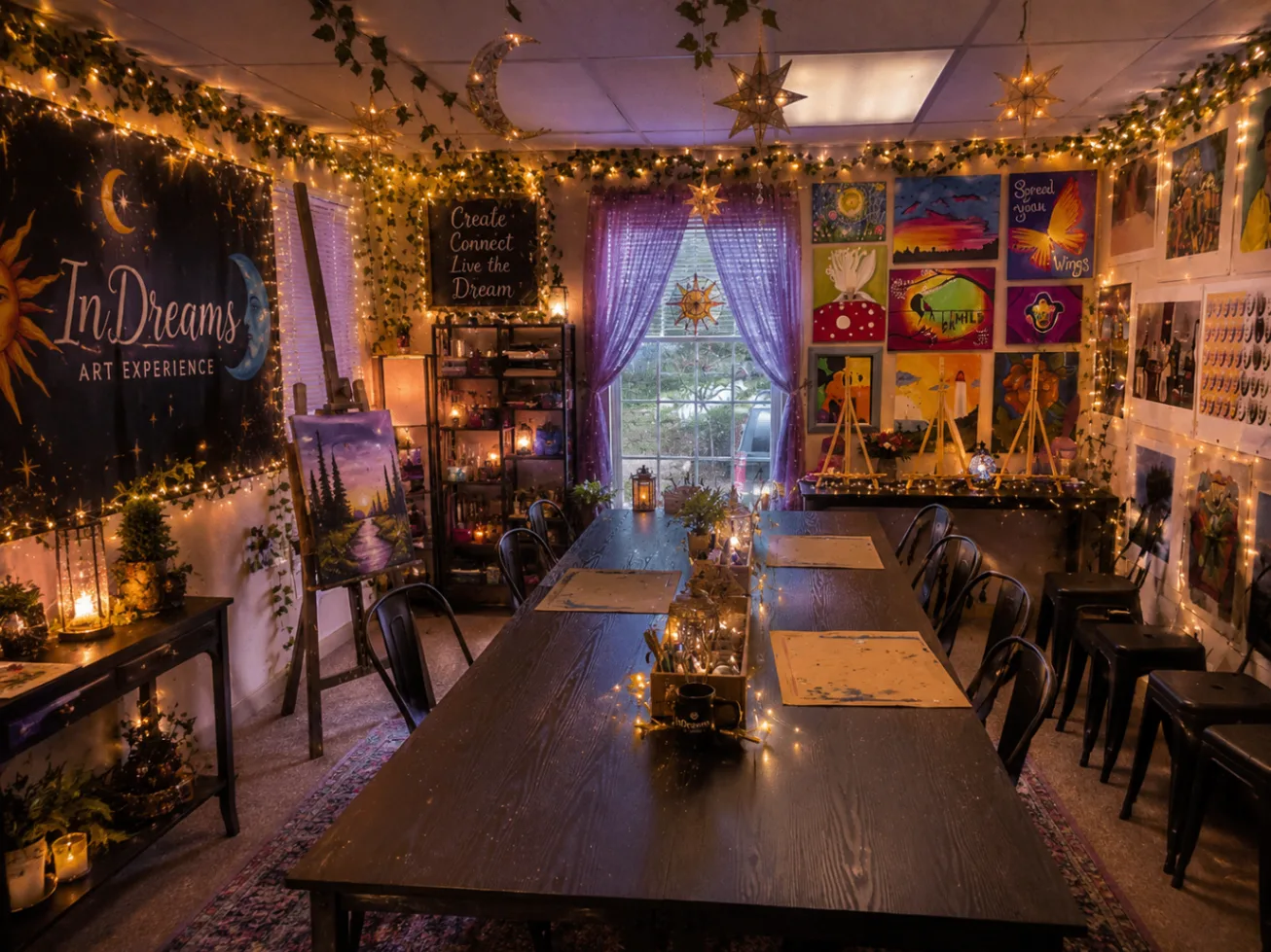 Painting tables set for an art class at InDreams Art Experience in Medford, NJ