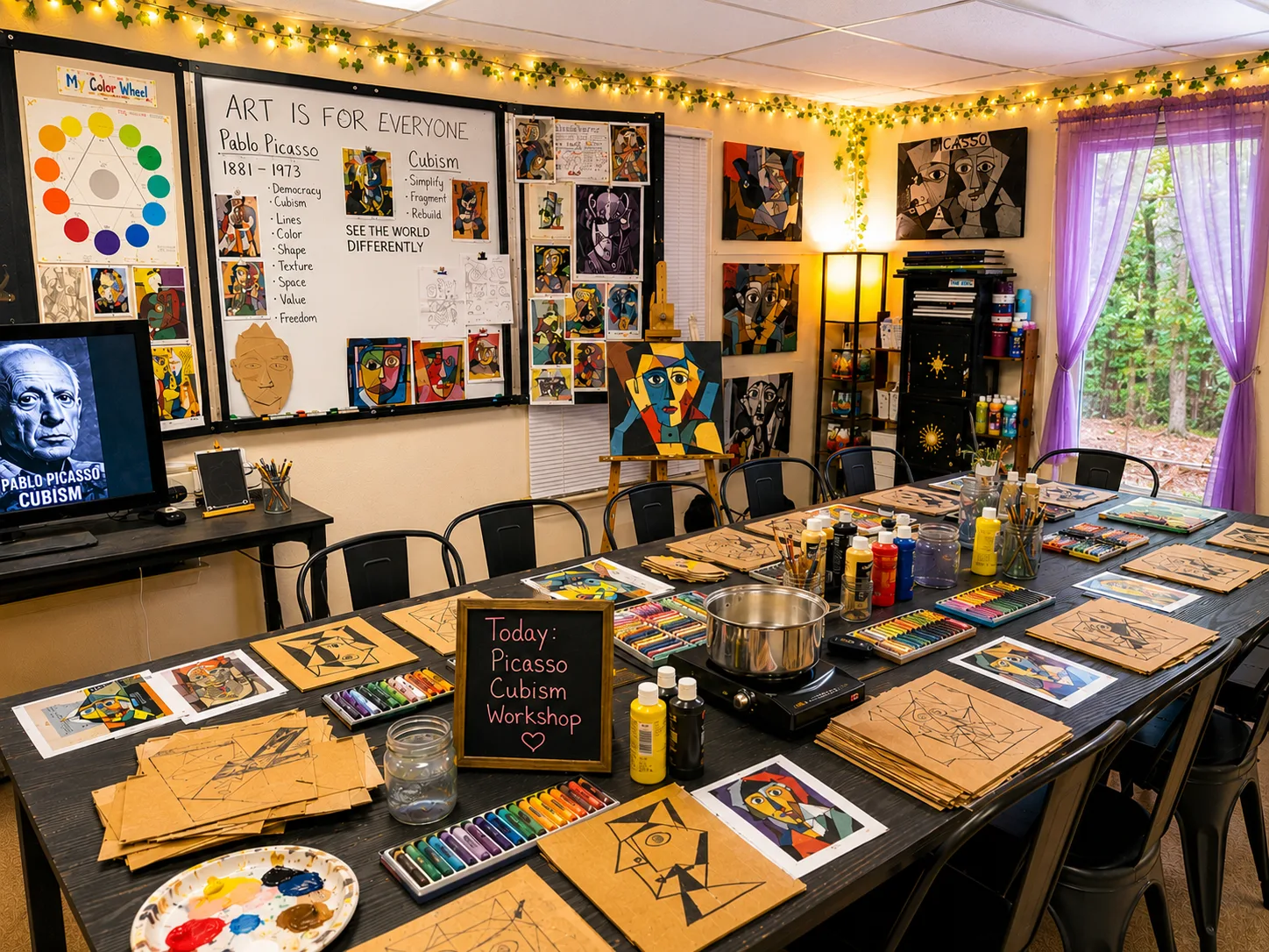 Picasso cubism art class table set with paints and pastels at InDreams Art Experience in Medford, NJ