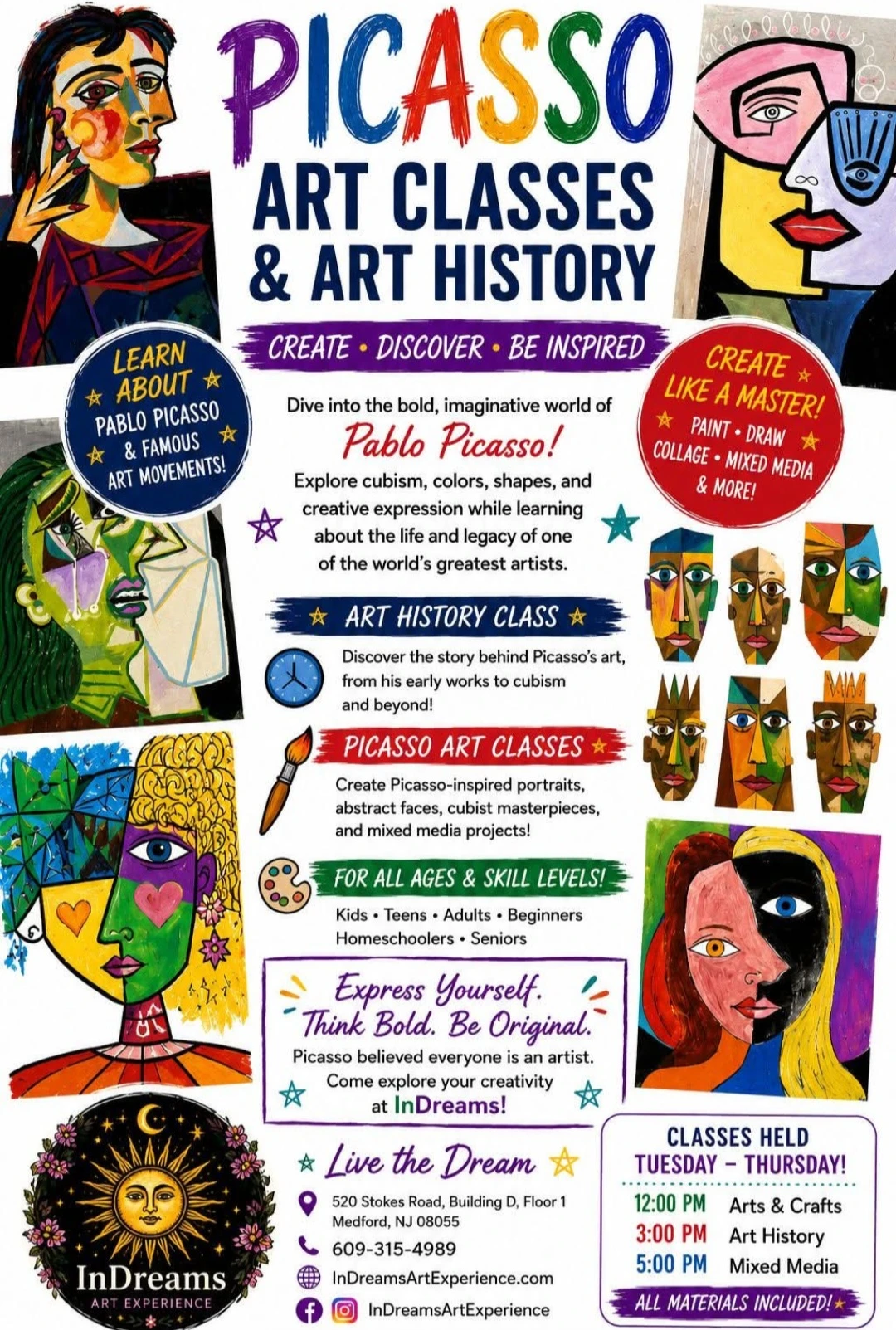 Picasso Art Classes and Art History at InDreams Art Experience in Medford, NJ — cubism, mixed media, and art history for all ages, held Tuesday through Thursday at 12, 3, and 5 PM with all materials included