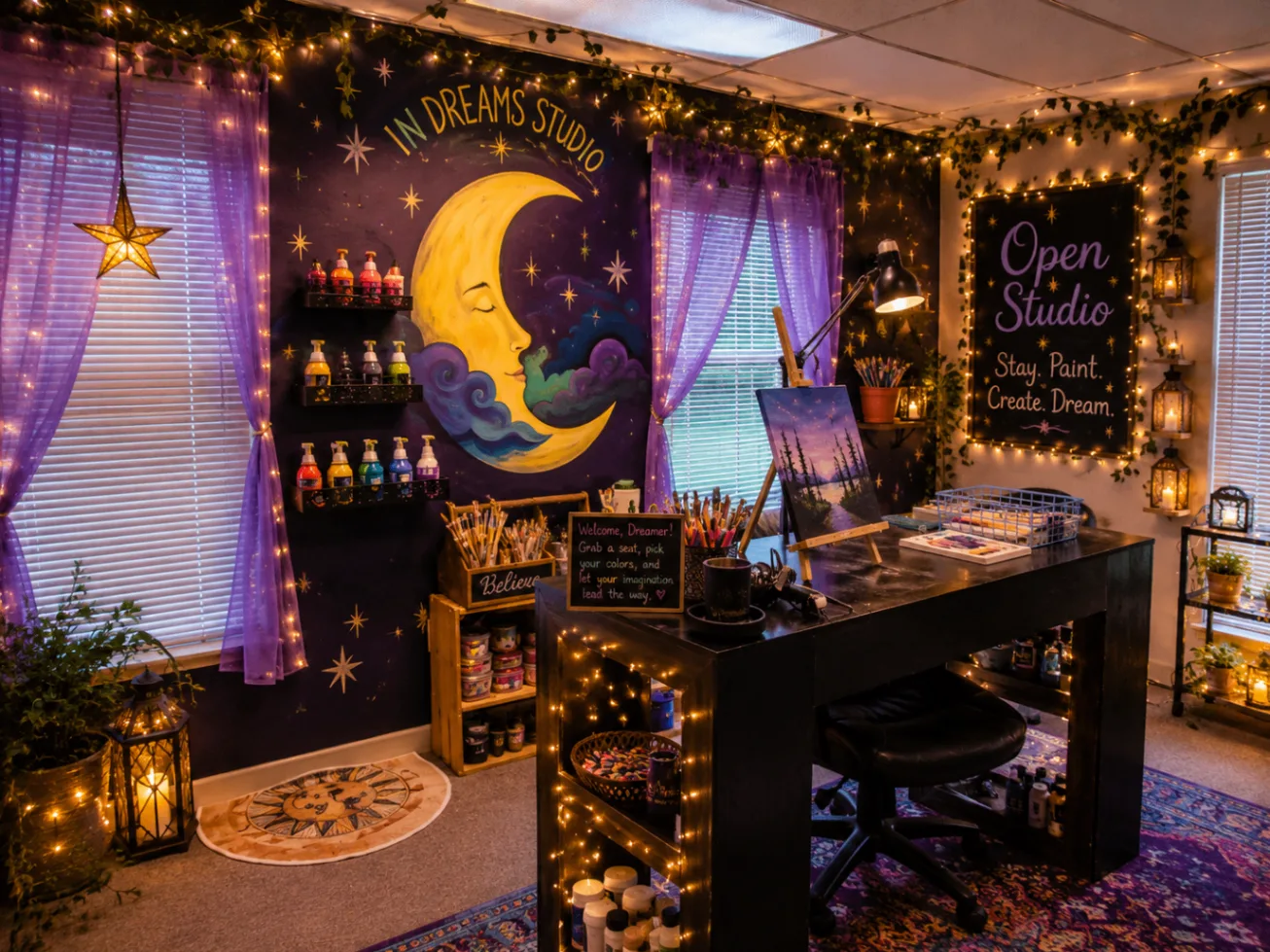 Cozy art studio with hand-painted mural at InDreams Art Experience in Medford, NJ