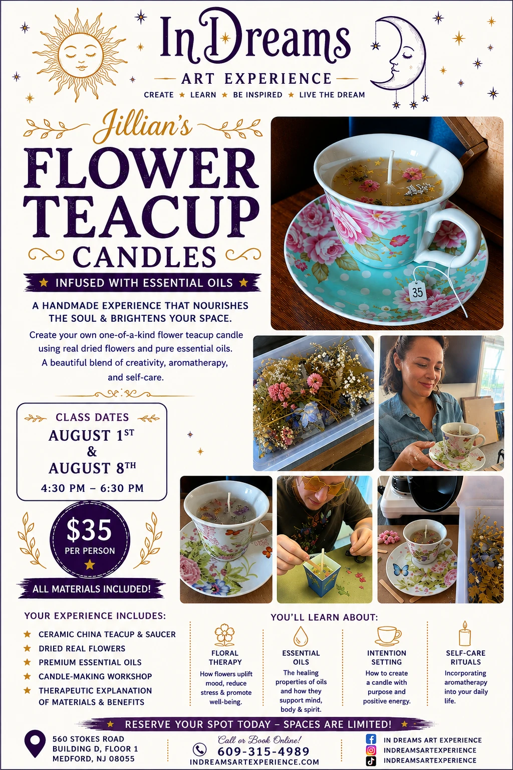 Flyer for the InDreams flower teacup candle workshop in Medford, NJ — soy candles infused with essential oils, $35 per person, all materials included
