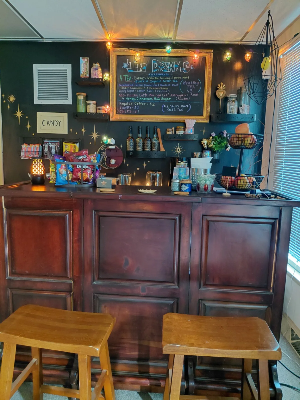 Coffee, tea, and espresso café bar with candy and snacks at InDreams Art Experience in Medford, NJ