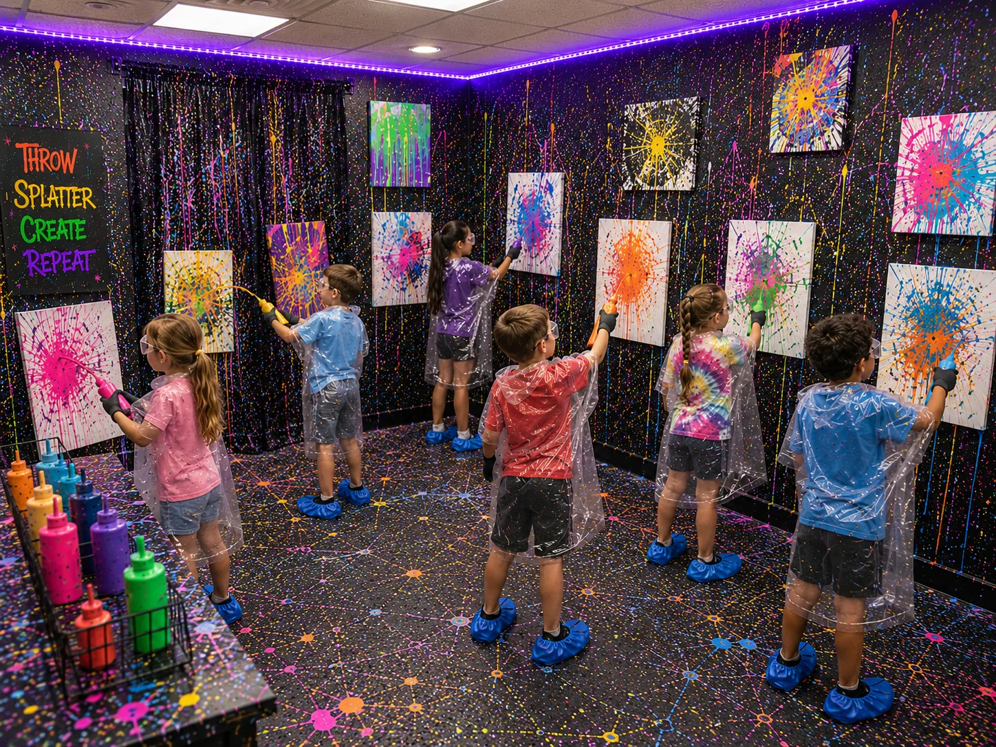 Kids at a splatter paint birthday party creating take-home neon canvases at InDreams Art Experience in Medford, NJ