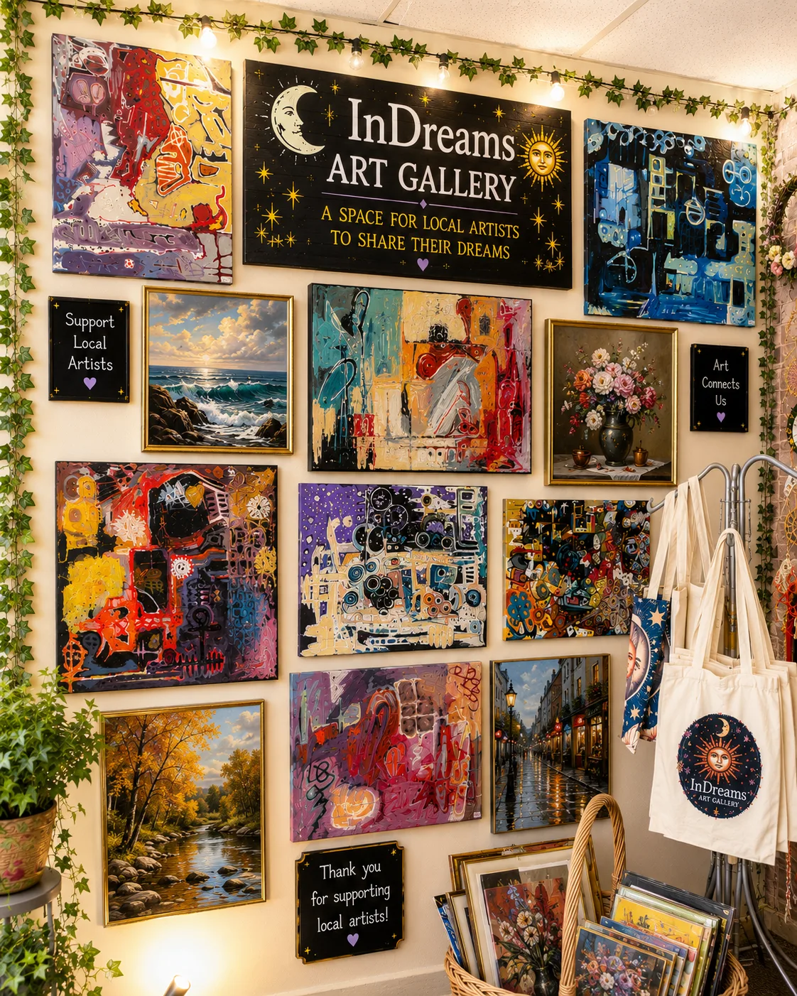 Corner of the InDreams Art Gallery in Medford, NJ, featuring local paintings and InDreams tote bags for sale