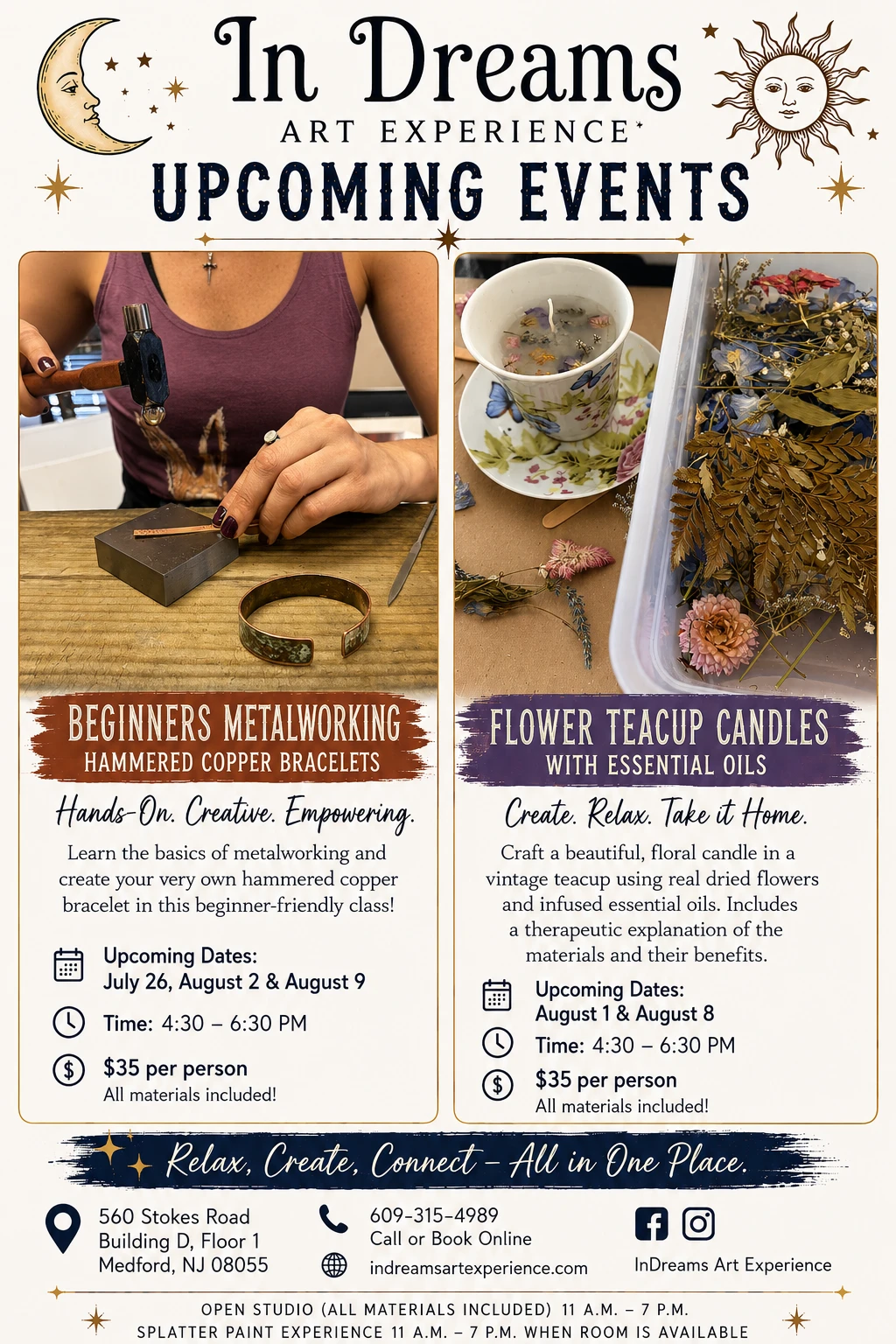 Flyer for upcoming InDreams workshops in Medford, NJ — beginner metalworking hammered copper bracelets and flower teacup candles, $35 per person, all materials included
